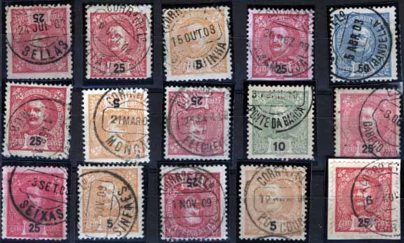 1987.jpg -     Lote:    1987            Portugal       Descrição:         Carimbos circulares datados, tipo 1880. 1895/1905 &mdash; D. Carlos I tipo Mouchon, diversas taxas. Lote de 15 selos com CCD's, batidos a preto: Bellas, Baião, Barquinha, Azambuja, Mirandella, Murça, Monção, Felgueiras, Ponte da Barca, Cabeço de Vide, Seixas, Sinfães, S. Braz de Alportel, P. de Coura e Mourisca. Todos bem batidos.        Lote       Valor Base:     &euro; 10,00     Valor Venda:     &euro; 14,00     