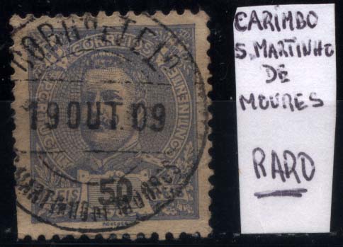 1990.jpg -     Lote:    1990            Portugal       Descrição:         Carimbos circulares datados. Selo de 50 reis ultramar da emissão de D. Carlos I tipo Mouchon CE142, obliterado com carimbo batido a preto de "S. MARTINHO DE MOURES".         O       Valor Base:     &euro; 8,00     Valor Venda:     &euro; 8,00     