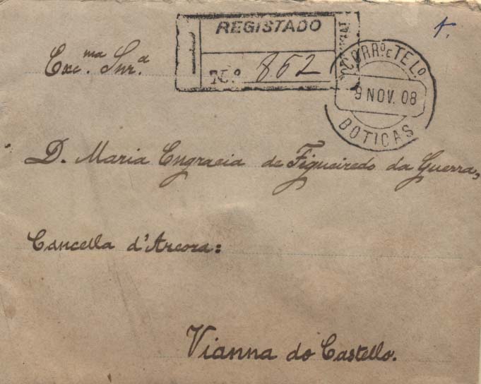 2004.jpg -     Lote:    2004            Portugal       Descrição:         Carimbos circulares datados * tipo 1880. 1898/1905 &mdash; D. Carlos I Mouchon. Tira de 3 selos de 25 reis carmim CE141 em sobrescrito circulado registado de Boticas (09.11.08) para Viana do Castelo (10.11.08). CCD's batidos a preto de BOTICAS, V.NA do CASTELLO e VIANNA DO CASTELLO.        Carta       Valor Base:     &euro; 8,00     Valor Venda:     &euro; 10,00     