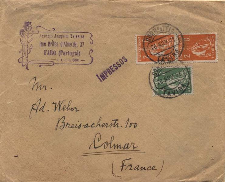2010.jpg -     Lote:    2010            Portugal       Descrição:         Carimbos com erro de datador. 1917/20 &mdash; Ceres. Sobrescrito circulado de Tavira (26.11.01 &mdash; erro de datador) para França, com dois selos de 2C laranja + 4C verde, todos em denteado 15x14, papel liso espesso CE223 e 226.         Carta       Valor Base:     &euro; 10,00     Valor Venda:     &euro; 14,00     