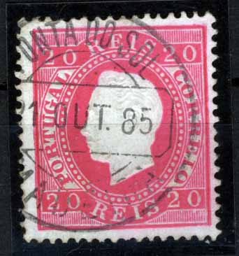 2015.jpg -     Lote:    2015            Madeira       Descrição:         Carimbos circulares datados, tipo 1880. 1884 &mdash; D. Luís I. Fita direita. Nova cor e valor. CE66, 20 reis carmim rosa, denteado 12 &frac12;. Selo com a marca "PONTA DO SOL / MADEIRA". Excelente qualidade.        O       Valor Base:     &euro; 30,00     Valor Venda:     &euro; 46,00     