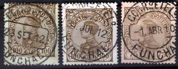 2016.jpg -     Lote:    2016            Madeira       Descrição:         Carimbos circulares datados, tipo 1880. 1910 &mdash; D. Manuel II. Lote de 3 selos (75 e 2x100 reis) obliterados com 3 carimbos diferentes do FUNCHAL. Bem batidos.        O       Valor Base:     &euro; 10,00     Valor Venda:     &euro; 12,00     