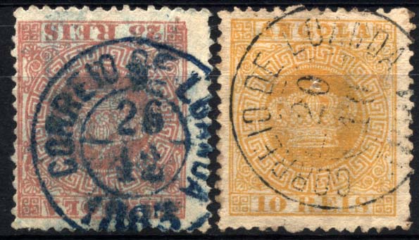 2019.jpg -     Lote:    2019            Angola       Descrição:         Carimbos de duplo círculo sem palmas. Lote de dois selos tipo Coroa de 10 reis amarelo e 25 reis carmim, denteado 12 &frac12;, obliterados com carimbos "CORREIO DE LOANDA", um batido a azul e outro a preto.        O       Valor Base:     &euro; 10,00     Valor Venda:     Retirado     