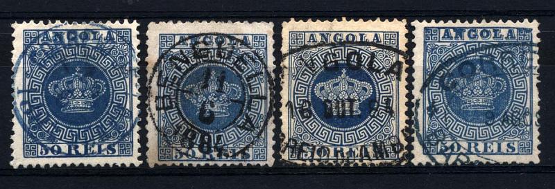 2020.jpg -     Lote:    2020            Angola       Descrição:         Marcofilia diversa. 1881/85 &mdash; Tipo Coroas. CE14, 50 reis azul em denteado 12 &frac12;. Lote de 4 selos com carimbos de duplo círculo de CORREIO DE LOANDA (azul), BENGUELLA (preto) e dupla oval de "ANGOLA / CORREIO DO AMBRIZ" (preto) e CORREIO DE BARRA ????? (azul).         O       Valor Base:     &euro; 25,00     Valor Venda:     Retirado     