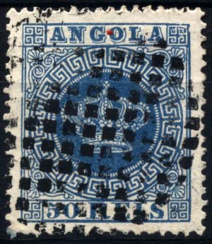 2021.jpg -     Lote:    2021            Angola       Descrição:         Carimbo mudo de pontos. 1881/85 &mdash; Tipo Coroas. CE14, 50 reis azul em denteado 13 &frac12;. Selo obliterado com carimbo mudo de pontos batido a preto.        O       Valor Base:     &euro; 6,00     Valor Venda:     &euro; 6,00     
