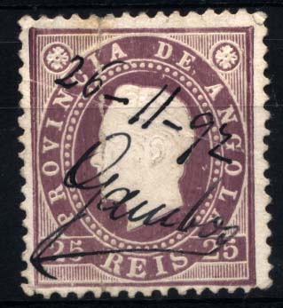 2024.jpg -     Lote:    2024            Angola       Descrição:         1886 &mdash; D. Luís I. Fita direita. CE18, 25 reis lilás escuro. Obliteração manuscrita de "GAMBOS / 26-11-92". Mb e MR.        O       Valor Base:     &euro; 75,00     Valor Venda:     &euro; 180,00     