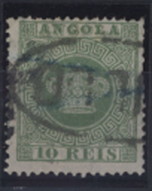 2025.jpg -     Lote:    2025            Angola       Descrição:         Marcofilia diversa. 1881/85 &mdash; Tipo Coroa. CE10, 10 reis verde, denteado 12 &frac12;, obliterado com carimbo oval batido a preto "NULLO". MB e MR.        O       Valor Base:     &euro; 20,00     Valor Venda:     Retirado     