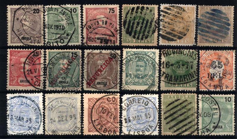 2037.jpg -     Lote:    2037            Angola       Descrição:         Marcofilia diversa. Lote composto por 18 selos desde tipo Coroa até D. Carlos I tipo Mouchon, obliterados com diversos tipos de carimbos, CCD's, mudos e hexagonais. Alguns selos com ligeiros defeitos. Lote a ver.        Lote       Valor Base:     &euro; 20,00     Valor Venda:     Retirado     