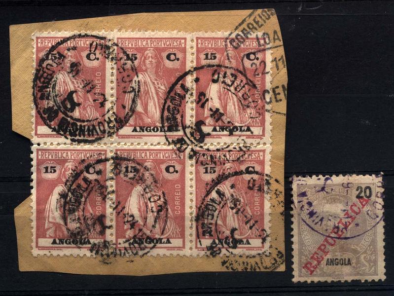 2046.jpg -     Lote:    2046            Angola       Descrição:         Carimbos numéricos volantes. Lote composto por fragmento com bloco de 6 selos de 15C CE152 + selo de 20 reis D. Carlos I com sobrecarga REPUBLICA, obliterados com carimbo numérico volante n.º 8, batido a preto e violeta respectivamente. B e R.        FRG/O       Valor Base:     &euro; 15,00     Valor Venda:     &euro; 30,00     