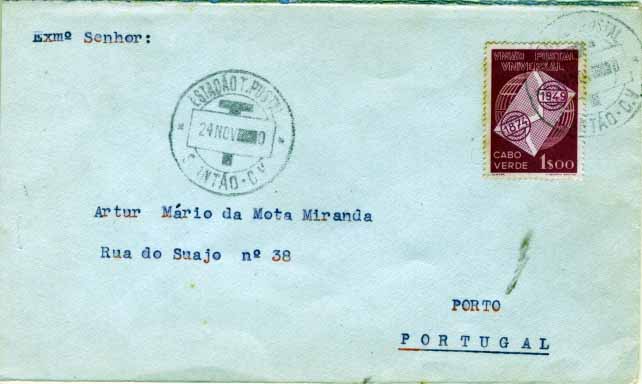 2054.jpg -     Lote:    2054            Cabo Verde       Descrição:         Marcas telegráficas. Sobrescrito circulado de S. Antão (Cabo Verde) para o Porto com selo de 1$00 do 75.º Aniversário da UPU. Carimbo de duplo círculo datado batido a preto "ESTAÇÃO T. POSTAL / T / S. ANTÃO &mdash; C. V. MB e MR.        Carta       Valor Base:     &euro; 15,00     Valor Venda:     &euro; 15,00     