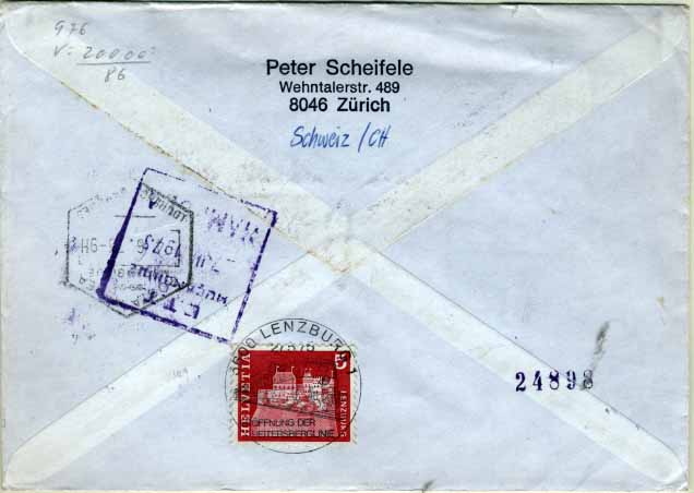 2087.jpg -     Lote:    2087            Moçambique       Descrição:         Carimbos quadrados de borracha, tipo ano com 4 algarismos. Sobrescrito circulado registado da Suiça (27.05.75) para Nampula (07.06.75) com carimbo batido a violeta. Marca com a data mais recente conhecida.        Carta       Valor Base:     &euro; 20,00     Valor Venda:     &euro; 42,00     