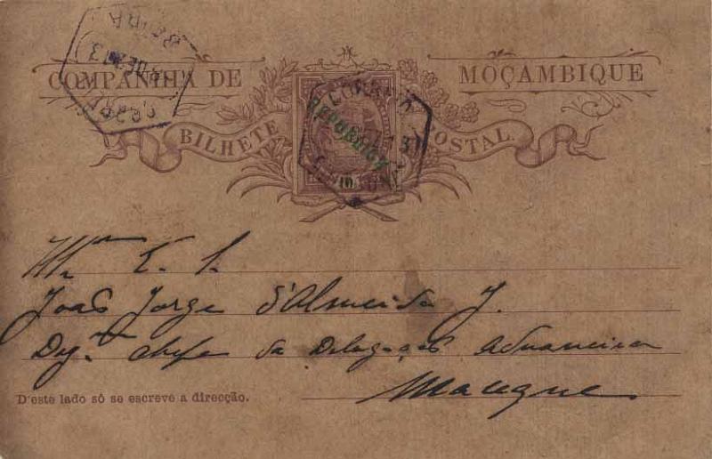 2089.jpg -     Lote:    2089            Companhia de Moçambique       Descrição:         Carimbos hexagonais. 1911 &mdash; Tipo Elefantes, com sobrecarga REPUBLICA local. OM17, 10 reis castanho vermelho, circulado de Chingune (03.12.13) para Macequece (10.12.13) com trânsito pela Beira (08.12.13). Carimbos hexagonais batidos a violeta de CHINGUNE, BEIRA e MACEQUECE.        IC       Valor Base:     &euro; 25,00     Valor Venda:     &euro; 320,00     