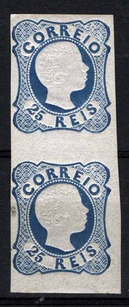 2143.jpg -     Lote:    2143            Portugal       Descrição:         Reimpressões de 1863. 1856/1858 &mdash; D. Pedro V. Cabelos anelados. CE12, 25 reis azul (linhas duplas). Par vertical. Valor de catálogo &euro; 336,00.        R***       Valor Base:     &euro; 25,00     Valor Venda:     Retirado     