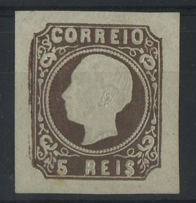 2144.jpg -     Lote:    2144            Portugal       Descrição:         1862/64 &mdash; D. Luís I. Reimpressões de 1885. CE14, 5 reis castanho-escuro, tipo III. Valor de catálogo &euro; 110,00.        R*       Valor Base:     &euro; 15,00     Valor Venda:     Retirado     