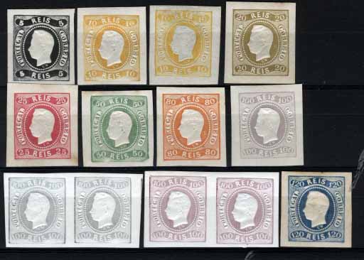 2146.jpg -     Lote:    2146            Portugal       Descrição:         1866/67 &mdash; D. Luís, fita curva. Não denteados. CE19/26. Reimpressões de 1905. Série completa + reimpressão de 10 reis + dois pares de 100 reis em tonalidades de cor diferentes. MB. Valor de catálogo &euro; 1.007,50.        R**       Valor Base:     &euro; 200,00     Valor Venda:     Retirado     