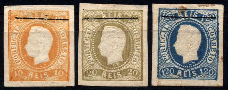 2147.jpg -     Lote:    2147            Portugal       Descrição:         1867/70 &mdash; D. Luís I. Fita curva, denteados. Reimpressões 1885. Lote de 3 reimpressões de 10, 20 e 120 reis com traço fino de 18mm. Valor de catálogo &euro; 183,00.        R*       Valor Base:     &euro; 24,00     Valor Venda:     Retirado     