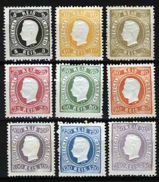 2149.jpg -     Lote:    2149            Portugal       Descrição:         1867/70 &mdash; D. Luís. Fita curva, denteado. CE27/35. Reimpressões de 1885. Série completa em denteado 13 &frac12;. MB. Valor de catálogo &euro; 623,00.        R*       Valor Base:     &euro; 120,00     Valor Venda:     Retirado     