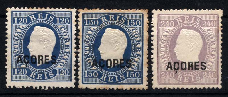 2155.jpg -     Lote:    2155            Açores       Descrição:         1871/76 &mdash; D. Luís I, fita direita. Reimpressões de 1885. Lote de 3 reimpressões dos valores de 120, 150 e 240 reis. Valor de catálogo &euro; 137,50.        R*       Valor Base:     &euro; 18,00     Valor Venda:     Retirado     