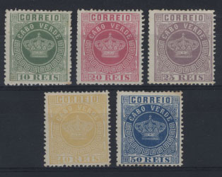 2160.jpg -     Lote:    2160            Cabo Verde       Descrição:         1985 &mdash; Tipo Coroa. CE10/14. Reimpressões de 1885. Série completa. Valor de catálogo &euro; 40,00,        R*       Valor Base:     &euro; 12,00     Valor Venda:     &euro; 34,00     
