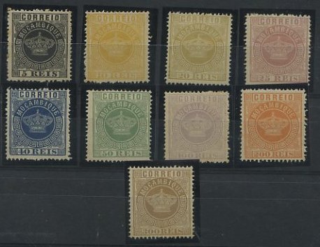 2161.jpg -     Lote:    2161            Moçambique       Descrição:         1876 &mdash; Tipo Coroa. Reimpressões de 1905. CE1/9. Série completa. Valor de catálogo &euro; 108,00.        R**       Valor Base:     &euro; 15,00     Valor Venda:     &euro; 65,00     