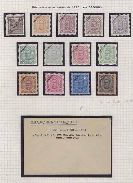 2162.jpg -     Lote:    2162            Moçambique       Descrição:         1893/64 &mdash; D. Carlos I, tipo Diogo Neto. Reimpressões de 1905. CE29/40. Série completa (reimpressões e originais) com sobrecarga oblíqua batida a preto "SPECIMEN", montadas em folha de colecção, juntamente com o envelope original impresso, que serviu para a sua distribuição. Alguns pequenos pontos de óxido no verso de alguns selos.        R***       Valor Base:     &euro; 60,00     Valor Venda:     &euro; 140,00     
