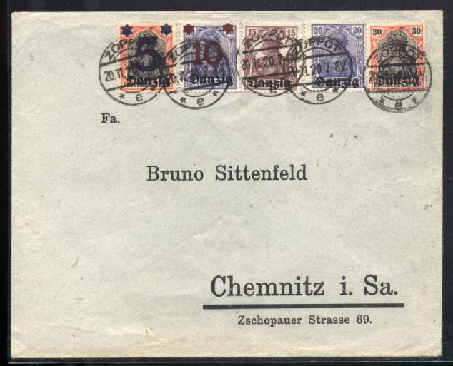 2165.jpg -     Lote:    2165                   Descrição:      Alemanha * Danzig.   1920 &mdash; Germânia com sobretaxa e sobrecarga "DANZIG". Sobrescrito circulado de Zoppot (20.11.20) para Chemnitz, com selos de 5s/30, 10s/20, 15, 20 e 30pf. MB.        Carta       Valor Base:     &euro; 20,00     Valor Venda:     Retirado     