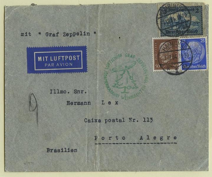 2167.jpg -     Lote:    2167                   Descrição:      Alemanha.   1934 &mdash; 12.º Voo do Graf Zeppelin para a América do Sul em 1934 (Christmas Flight). Sobrescrito circulado de Hamburgo (07.12.34) por Friedrichshafen, para Porto Alegre (13.12.34). Marca comemorativa do voo batida a verde (letra a).        Aéreo       Valor Base:     &euro; 15,00     Valor Venda:     &euro; 15,00     