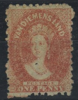 2176.jpg -     Lote:    2176                   Descrição:      Tasmânia &mdash; Van Diemensland.   Selo de 1p vermelho. SG14. Valor de catálogo £ 4.500,00.        *       Valor Base:     &euro; 250,00     Valor Venda:     &euro; 250,00     