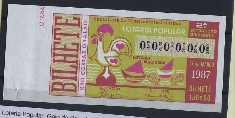 2204.jpg -     Lote:    2204                   Descrição:      Lotaria Popular. Galo de Barcelos.   Fracção SPECIMEN da 2.ª extracção de 1987, primeiro ano da existência da Lotaria Popular.        CTL       Valor Base:     &euro; 5,00     Valor Venda:     &euro; 5,00     