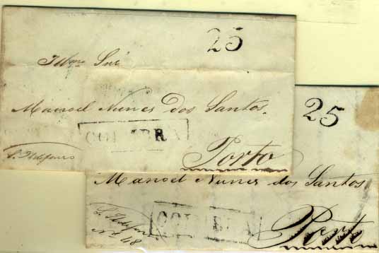 2212.jpg -     Lote:    2212      Lotes pelo Correio              Descrição:      Coimbra &mdash;   A preto, GM CBR12. Lote de duas cartas circuladas para o Porto (31.03.1849 e 07.06.49), com o porte de 25 reis batido a preto.        Carta       Valor Base:     &euro; 5,00     Valor Venda:     &euro; 5,00     