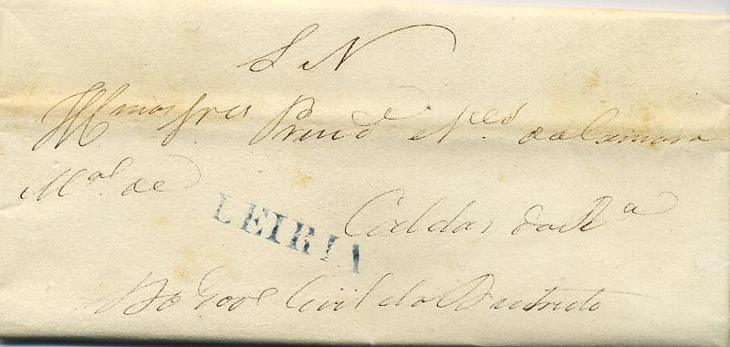 2218.jpg -     Lote:    2218      Lotes pelo Correio              Descrição:      Leiria &mdash;   A azul, GM LRA4, em carta datada de Leiria (02.01.1845) para Caldas da Rainha, isenta de porte. MB.        Carta       Valor Base:     &euro; 12,00     Valor Venda:     Retirado     