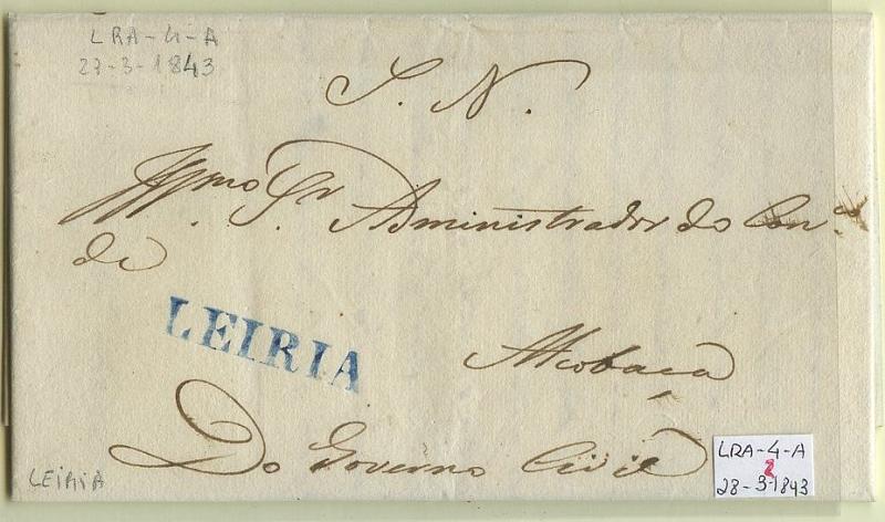 2221.jpg -     Lote:    2221      Lotes pelo Correio              Descrição:      Leiria &mdash;   A azul, GM LRA4, em carta datada de Leiria (27.03.1843) para Alcobaça, isenta de porte.        Carta       Valor Base:     &euro; 10,00     Valor Venda:     &euro; 10,00     
