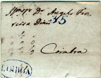 2227.jpg -     Lote:    2227      Lotes pelo Correio              Descrição:      Lisboa &mdash;   A azul, GM LSB10, em carta datada de Lisboa (07.11.1842) para Coimbra com o porte de 35 reis batido a azul.        Carta       Valor Base:     &euro; 5,00     Valor Venda:     &euro; 5,00     