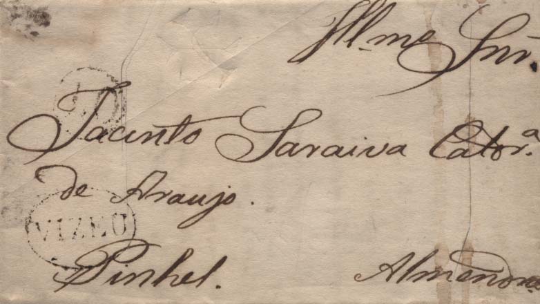 2239.jpg -     Lote:    2239      Lotes pelo Correio              Descrição:      Vizeu &mdash;   A sépia, GM VIS7, em carta datada de Viseu (21.09.1821) para Almendra, com o porte de 40 reis batido a sépia. Data muito anterior à catalogada.        Carta       Valor Base:     &euro; 6,00     Valor Venda:     &euro; 6,00     