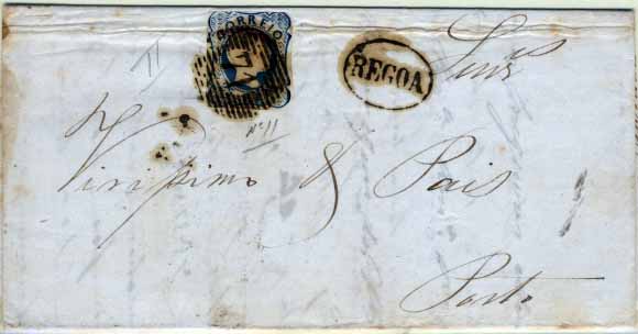 2240.jpg -     Lote:    2240      Lotes pelo Correio       Portugal       Descrição:         1856/58 &mdash; D. Pedro V. Cabelos anelados. CE12, 25 reis azul, margens curtas, circulado em carta remetida de Peso da Régua (24.04.57) para o Porto (25.04.57). Carimbo nominativo batido a preto "REGOA" e numérico da 1.ª reforma "71".        Carta       Valor Base:     &euro; 15,00     Valor Venda:     Retirado     