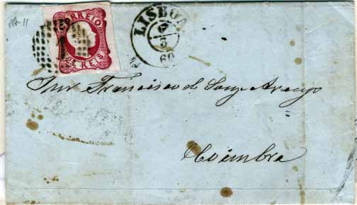 2241.jpg -     Lote:    2241      Lotes pelo Correio       Portugal       Descrição:         1856/58 &mdash; D. Pedro V. Cabelos anelados. Carta circulada de Lisboa (06.03.1860) para Coimbra (07.03.1860) com selo de 25 reis carmim, com 3 margens muito largas, e cor muito fresca. MB        Carta       Valor Base:     &euro; 4,00     Valor Venda:     &euro; 4,00     