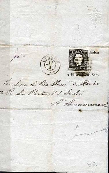 2242.jpg -     Lote:    2242      Lotes pelo Correio       Portugal       Descrição:         1870/76 &mdash; D. Luís I, fita direita. Sobrescrito circulado aberto com porte de impresso em Lisboa (11.05.76) com selo de 5 reis, papel liso, denteado 13 &frac12;, CE36.        Carta       Valor Base:     &euro; 6,00     Valor Venda:     &euro; 8,00     
