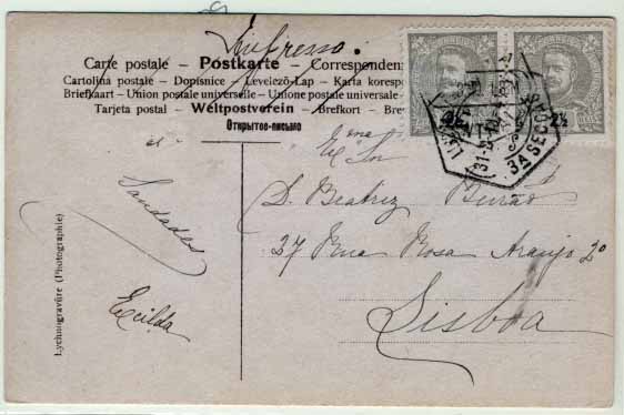 2245.jpg -     Lote:    2245      Lotes pelo Correio       Portugal       Descrição:         1895/96 &mdash; D. Carlos I Mouchon. Postal ilustrado circulado em Lisboa (03.10.905) com par de 2 &frac12; ctvs cinzento claro CE126 (porte de impresso).        PI       Valor Base:     &euro; 3,00     Valor Venda:     Retirado     
