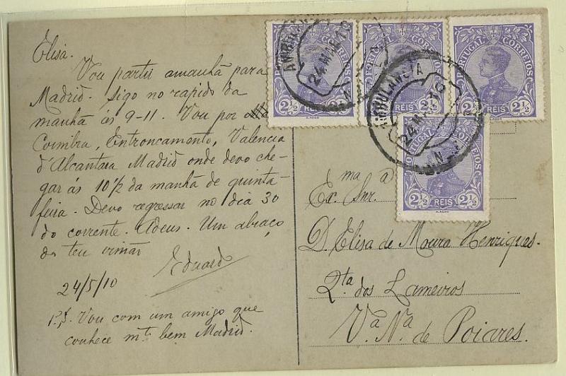 2246.jpg -     Lote:    2246      Lotes pelo Correio       Portugal       Descrição:         1910 &mdash; D. Manuel II. Postal ilustrado circulado pela Ambulância Norte II (24.05.10) para V. Nova de Poaires, com 4 selos de 2 &frac12; reis CE156.        PI       Valor Base:     &euro; 5,00     Valor Venda:     Retirado     