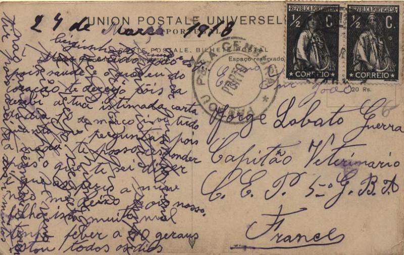2251.jpg -     Lote:    2251      Lotes pelo Correio       Portugal       Descrição:         1912 &mdash; Ceres. Postal ilustrado, circulado de Braga (23.03.1918) para França, com par de selos de &frac12; C preto, denteado 15x14, papel liso, com variedade de cliché no 2.º selo CE 207. Carimbo de censura do Porto, batido a preto. Pequeno "O" por baixo da letra C da taxa. Não catalogada.        PI       Valor Base:     &euro; 5,00     Valor Venda:     Retirado     