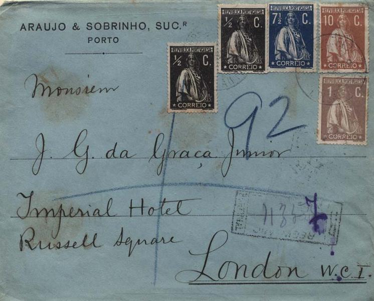 2253.jpg -     Lote:    2253      Lotes pelo Correio       Portugal       Descrição:         1912/20 &mdash; Ceres. Sobrescrito circulado registado do Porto (17.06.19) para Londres (21.06.19) com selos de &frac12; c (2) CE207, 10c CE215, 1c CE221 e 7 &frac12; c CE229, todos em denteado 15x14.        Carta       Valor Base:     &euro; 5,00     Valor Venda:     &euro; 5,00     