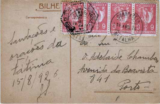 2257.jpg -     Lote:    2257      Lotes pelo Correio       Portugal       Descrição:         1920/22 &mdash; Ceres. Novas taxas e cores. Postal ilustrado circulado da Batalha (16.08.26) para o Porto (17.08.26), com tira de 4 selos de 6C lilás rosa. Dois selos com variedades de cliché IV e XIV.        PI       Valor Base:     &euro; 10,00     Valor Venda:     Retirado     