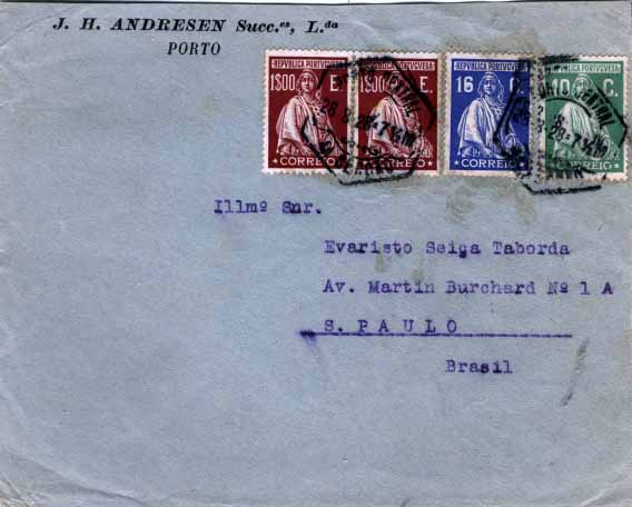 2261.jpg -     Lote:    2261      Lotes pelo Correio       Portugal       Descrição:         1926 &mdash; Ceres. Emissão Londres. Sobrescrito circulado de Porto (28.08.28) para o Brasil (17.09.28) com selos de 16C, 40C, 1$00 (2), CE403, 406 e 412. MB.        Carta       Valor Base:     &euro; 8,00     Valor Venda:     &euro; 11,00     