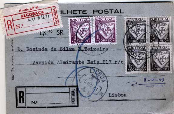 2267.jpg -     Lote:    2267      Lotes pelo Correio       Portugal       Descrição:         1931 &mdash; Lusíadas. Postal ilustrado circulado registado de Alcobaça (07.05.43) para Lisboa (08.05.43) com dois selos de 10C violeta CE516 e quadra de 15C preto CE517.        PI       Valor Base:     &euro; 6,00     Valor Venda:     Retirado     