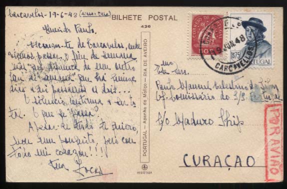 2272.jpg -     Lote:    2272      Lotes pelo Correio       Portugal       Descrição:         1943/47 &mdash; Caravela + Costumes Portugueses. Postal ilustrado circulado por via aérea de Carcavelos (19.06.48) para Curaçao, com selo de 1$00 CE624 e 1$75 CE682. Raro destino.        PI       Valor Base:     &euro; 5,00     Valor Venda:     Retirado     