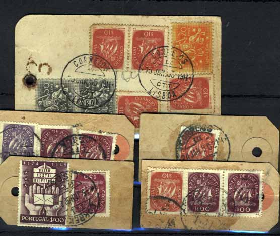 2274.jpg -     Lote:    2274      Lotes pelo Correio       Portugal       Descrição:         1943/1953 &mdash; Caravela + Cavaleiro Medieval. Lote de 5 etiquetas de encomendas postais, circuladas com selos das emissões indicadas. Lote a ver.        Lote       Valor Base:     &euro; 6,00     Valor Venda:     Retirado     
