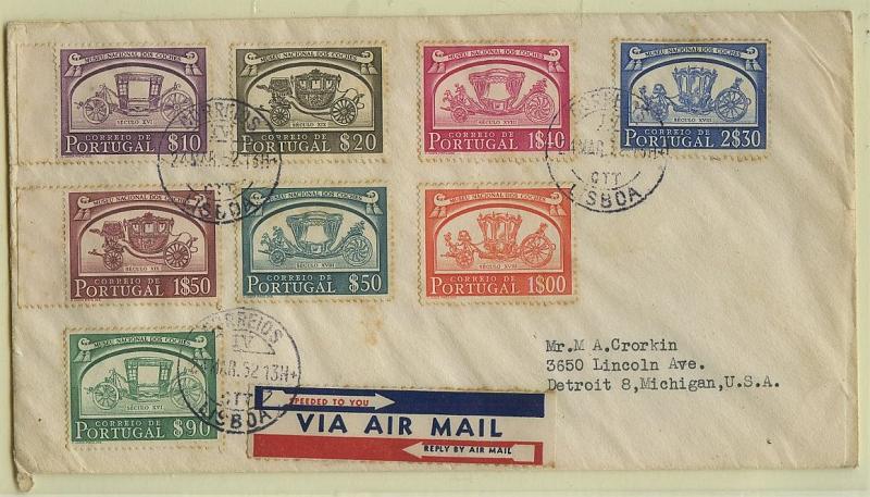 2275.jpg -     Lote:    2275      Lotes pelo Correio       Portugal       Descrição:         1952 &mdash; Museu Nacional dos Coches. CE741/748. Sobrescrito com série completa, circulado de Lisboa (24.03.52) para os EUA.         Carta       Valor Base:     &euro; 5,00     Valor Venda:     Retirado     