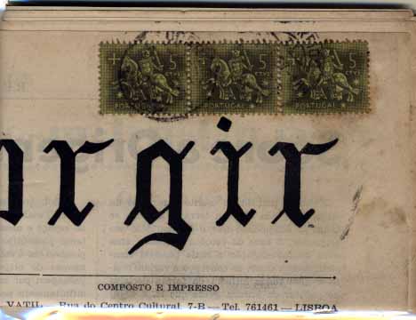 2277.jpg -     Lote:    2277      Lotes pelo Correio       Portugal       Descrição:         1953 &mdash; Cavaleiro Medieval. Jornal "Ressurgir" circulado em Lisboa (1954) com tira de 3 selos de 5ctvs verde CE763.        JRN       Valor Base:     &euro; 5,00     Valor Venda:     Retirado     