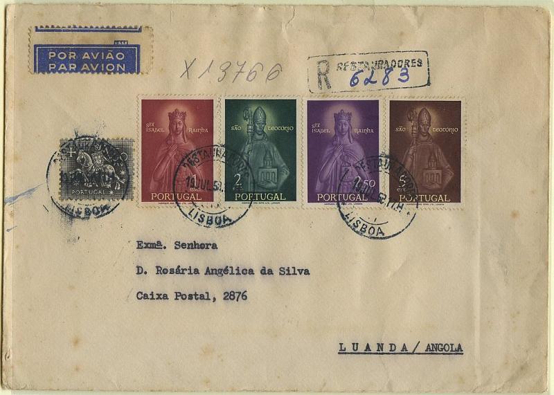 2282.jpg -     Lote:    2282      Lotes pelo Correio       Portugal       Descrição:         1953/58 &mdash; Cavaleiro Medieval + Rainha Santa Isabel + São Teotónio. Sobrescrito circulado registado de Lisboa (19.07.58) para Luanda (27.07.58), com série completa CE835/38 + CE766. No verso vinheta do I.A.N.T.        Carta       Valor Base:     &euro; 5,00     Valor Venda:     Retirado     