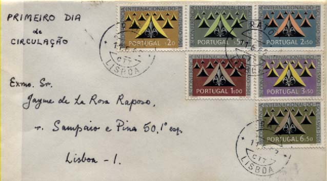 2283.jpg -     Lote:    2283      Lotes pelo Correio       Portugal       Descrição:         1962 &mdash; 18.ª Conferência Internacional do Escutismo. CE888/893 Sobrescrito com a série completa, circulado em Lisboa, obliterado com a marca de dia da estação do Rato/Lisboa (11.06.62 &mdash; 1.º dia de circulação).        Carta       Valor Base:     &euro; 3,00     Valor Venda:     &euro; 3,00     